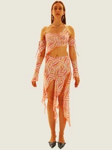 滿版印花不對稱下擺短款上衣和繫帶半身裙 - 彩色 - 查看 4