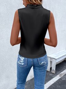 SHEIN LUNE 垂領無袖緞面襯衫 - 黑色 - 查看 2