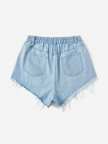 SHEIN EZwear 大碼破洞毛邊牛仔短褲 - 淺色水洗藍 - 查看 2