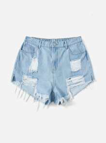 SHEIN EZwear 大碼破洞毛邊牛仔短褲 - 淺色水洗藍 - 查看 4