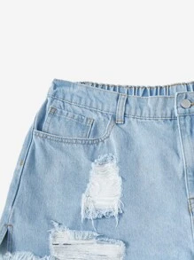 SHEIN EZwear 大碼破洞毛邊牛仔短褲 - 淺色水洗藍 - 查看 5