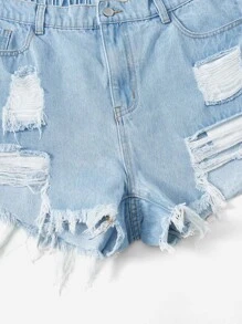 SHEIN EZwear 大碼破洞毛邊牛仔短褲 - 淺色水洗藍 - 查看 6