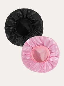 2Pcs Children's Solid-Color Elastic Wide-Brim Silky Satin Bonnet - Secure-Fit Sleep Cap For Hair Ion, Ultra-Soft Breathable Design With Non-Slip Inner Band - Multicolor - View 3