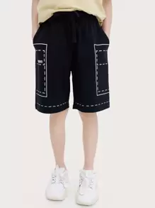 男孩字母圖案腰部抽繩短褲 - 黑色 - 查看 1