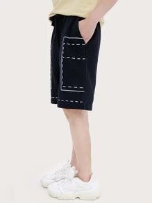 男孩字母圖案腰部抽繩短褲 - 黑色 - 查看 3