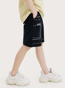 男孩字母圖案腰部抽繩短褲 - 黑色 - 查看 4