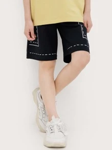 男孩字母圖案腰部抽繩短褲 - 黑色 - 查看 5