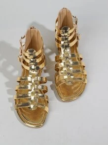 女士魅力四射羅馬涼鞋,金屬質感蛇皮壓花搭扣裝飾平底涼鞋