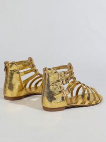 女士魅力四射羅馬涼鞋,金屬質感蛇皮壓花搭扣裝飾平底涼鞋