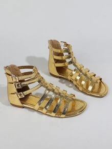 女士魅力四射羅馬涼鞋,金屬質感蛇皮壓花搭扣裝飾平底涼鞋