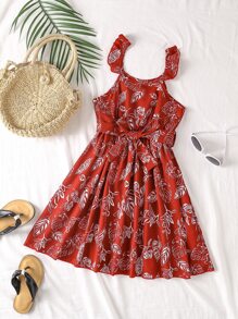 Toddler Girls Tropical Print Ruffle Trim Belted Cami Dress - Red - View 1