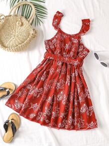 Toddler Girls Tropical Print Ruffle Trim Belted Cami Dress - Red - View 2