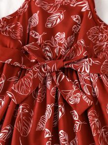 Toddler Girls Tropical Print Ruffle Trim Belted Cami Dress - Red - View 4