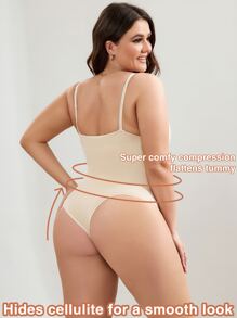 Plus Tummy Control Open Bust Sculpting Shapewear Thong Bodysuit - Beige - View 2