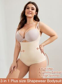 Plus Tummy Control Open Bust Sculpting Shapewear Thong Bodysuit - Beige - View 4