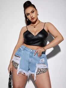 Plus Leopard Panel Ripped Frayed Raw Hem Denim Shorts - Light Wash - View 3