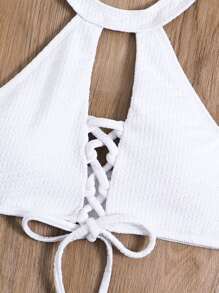 Lace Up Front Halter Neck Backless Bikini Top - White - View 3
