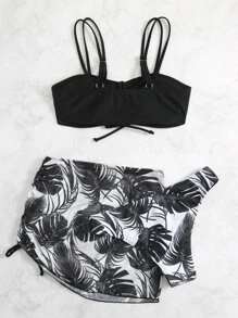 Tropical Print Drawstring Summer Beach Bikini Set With Beach Skirt - Black and White - View 6