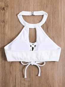 Lace Up Front Halter Neck Backless Bikini Top - White - View 4