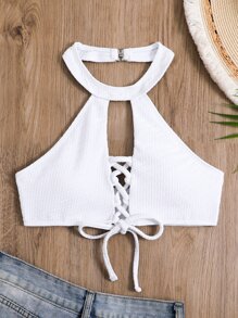 Lace Up Front Halter Neck Backless Bikini Top - White - View 5