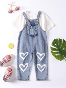 Bebé Petos mezclilla con estampado de corazón con bolsillo con solapa sin camiseta - Lavado ligero - Ver 1