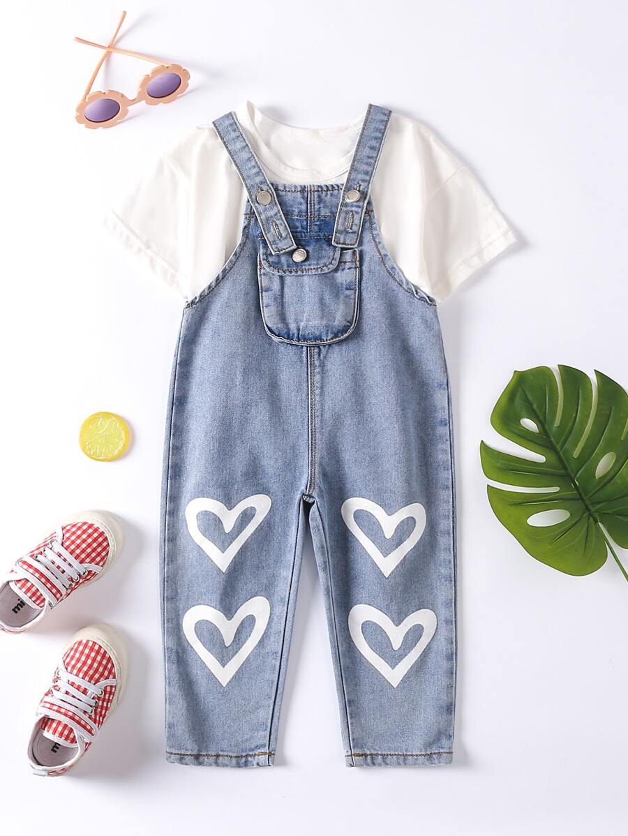 Bebé Petos mezclilla con estampado de corazón con bolsillo con solapa sin camiseta - Lavado ligero - Ver 1