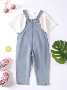 Bebé Petos mezclilla con estampado de corazón con bolsillo con solapa sin camiseta - Lavado ligero - Ver 2