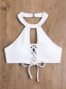 Lace Up Front Halter Neck Backless Bikini Top - White - View 7