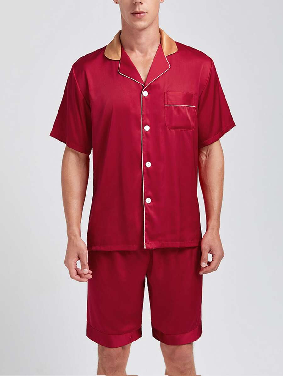 Hombres Conjunto de pijama ribete en contraste - Rojo - Ver 1