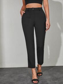 Solid Slant Pocket Cropped Suit Trousers - Black - View 5