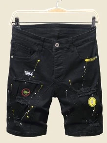 Manfinity Hombres Shorts en mezclilla desgarro crudo salpicaduras de tinta con diseño de parche de letra - Negro - Ver 1