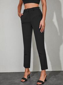 Solid Slant Pocket Cropped Suit Trousers - Black - View 3