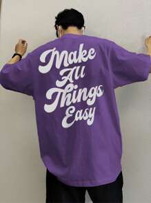 Manfinity Hypemode 男士時尚標語印花掉肩寬鬆t恤 - 紫色 - 查看 1