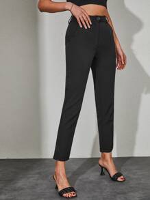 Solid Slant Pocket Cropped Suit Trousers - Black - View 4