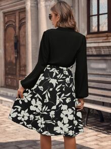 SHEIN LUNE 印花燈籠袖繫腰帶洋裝