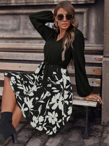 SHEIN LUNE 印花燈籠袖繫腰帶洋裝