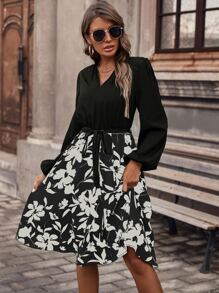 SHEIN LUNE 印花燈籠袖繫腰帶洋裝