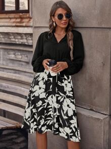 SHEIN LUNE 印花燈籠袖繫腰帶洋裝