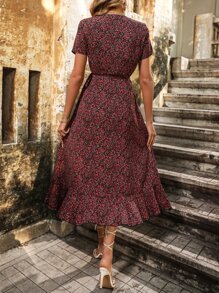 SHEIN VCAY 碎花荷葉邊圍裹式洋裝 - 黑色 - 查看 2