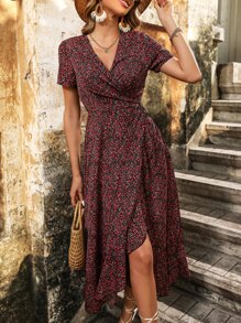 SHEIN VCAY 碎花荷葉邊圍裹式洋裝 - 黑色 - 查看 5