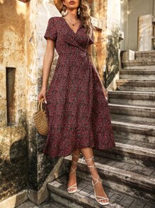 SHEIN VCAY 碎花荷葉邊圍裹式洋裝 - 黑色 - 查看 6