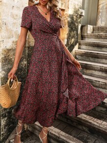 SHEIN VCAY 碎花荷葉邊圍裹式洋裝 - 黑色 - 查看 1