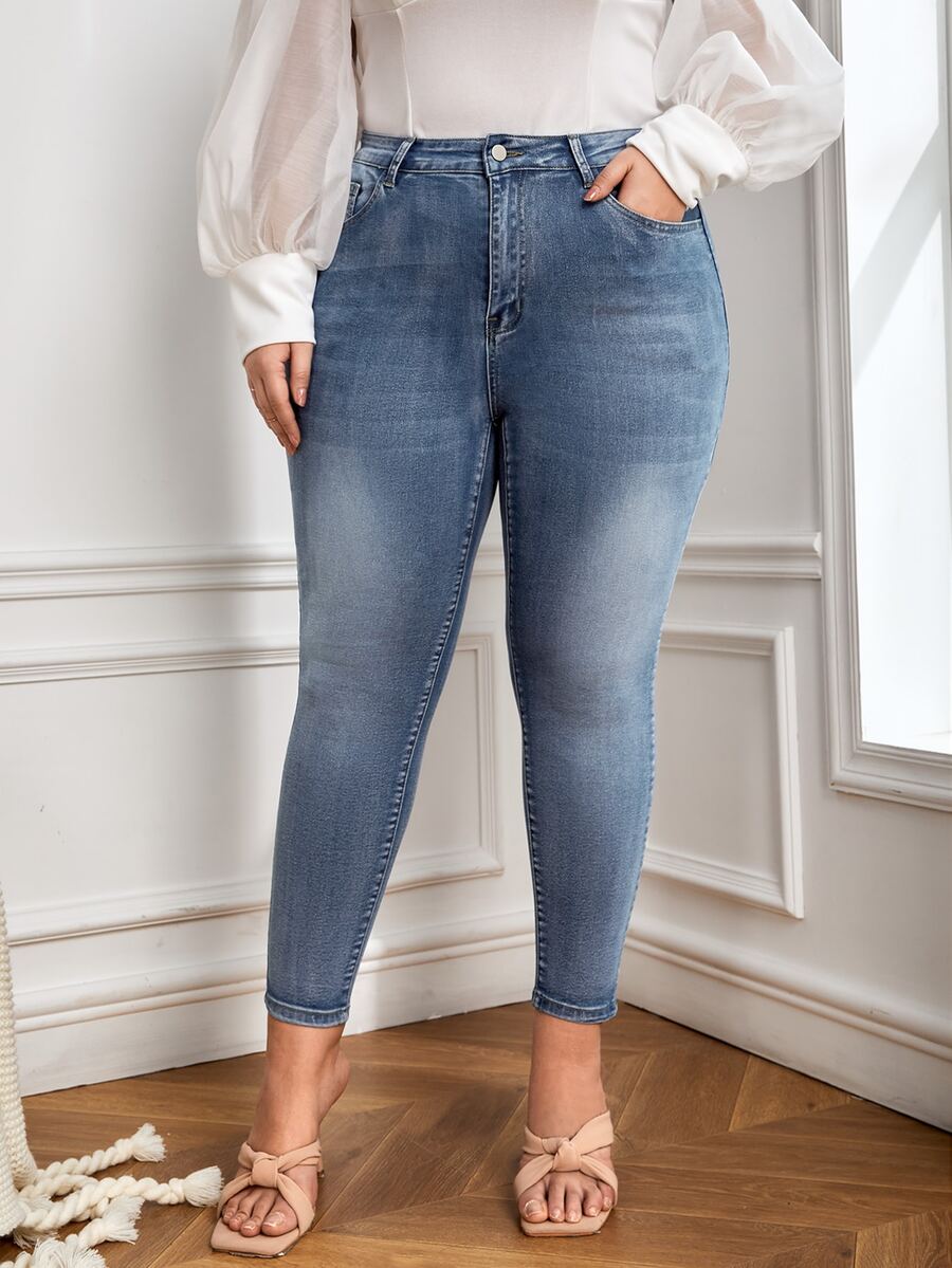 Plus High Waist Skinny Jeans - Medium Wash - View 1