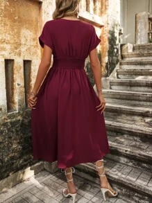 SHEIN LUNE Solid Batwing Sleeve A-line Dress - Burgundy - View 2