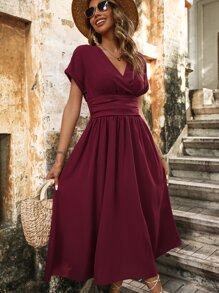 SHEIN LUNE Solid Batwing Sleeve A-line Dress - Burgundy - View 5