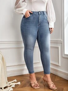 Plus High Waist Skinny Jeans - Medium Wash - View 3