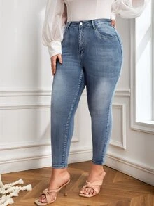 Plus High Waist Skinny Jeans - Medium Wash - View 4