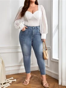 Plus High Waist Skinny Jeans - Medium Wash - View 5