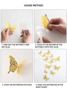 12pcs Hollow Out Butterfly Wall Sticker, Modern Paper Self Adhesive 3D Butterfly Wall Decoration For Home - Rose Gold - View 5