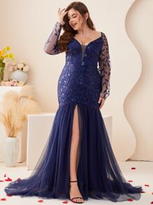 Plus Leaf Applique Split Thigh Ruffle Hem Mesh Wedding Dress - Navy Blue - View 1